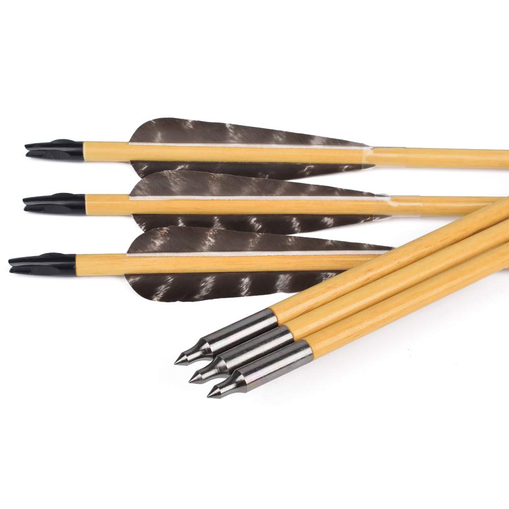 12 pièces 81 cm de flèches en bois avec 10 cm de plumes naturelles Flèches pour tir à l'arc Flèches en bois Flèches de chasse fabriquées à la main pour arc traditionnel Arc recurve Arc long