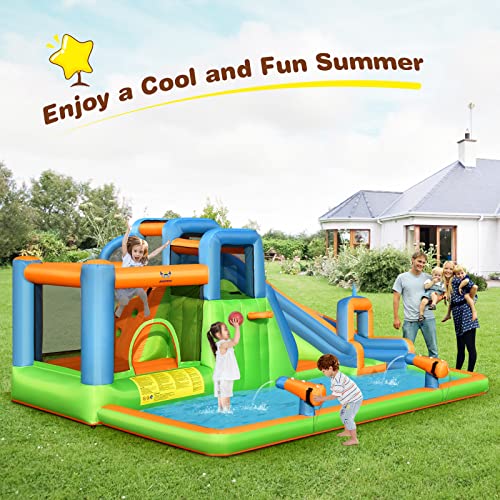 OLAKIDS Inflatable Water Slide, 7 in 1 Bounce House Water Park with Slide Splash Pool Climbing Wall 2 Water Guns Basketball Rim, Outdoor Inflatable Obstacle Course for Kids Backyard (with 735W)