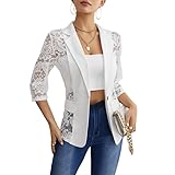 KIJSKKOPO Cardigan Femme,Blazer Léger À Manches Courtes pour Femme, Cardigan en Dentelle Florale Transparente Blanche, Revers Crantés, Veste De Costume Tunique À Un Bouton, Manteau Sexy D'Été
