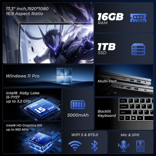 Image of NIAKUN 17.3 inch Gaming Laptop Computer, 16GB RAM 1TB SSD, Core i5-7Y57 | Processor(up to 3.2GHz), Windows 11 Pro, Office 365, for Business and Students, Backlit Keyboard