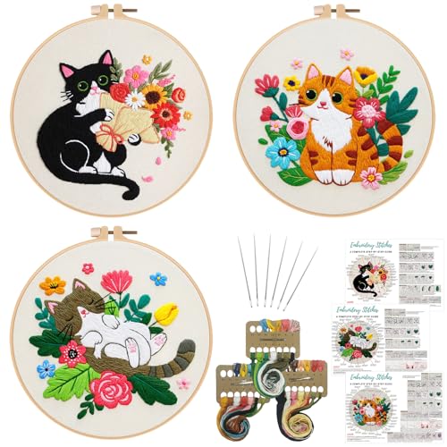 Image of Nuberlic Cat Embroidery Kit for Adults Beginners - 3 Pre-Printed Animal Patterns, Adults Starter Cross Stitch Kit DIY Needlepoint