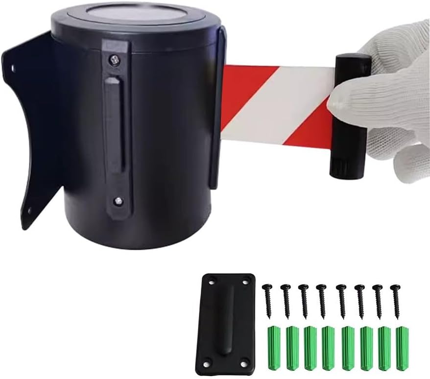 Wall Mount Queue Crowd Control Wall Barrier Queue Rope Barrier Belt (with Red White Belt) Queuing Safety Tape Cordon Airports Banks School(2M/6.5FT)