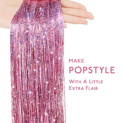 Image of WENNALIFE Hair Tinsel for Girls, Pink Fairy Kit 1200 Strands 6PCS 48 Inch Heat Resistant Glitter Tinsel Hair Extensions Kit Christmas Angel Feathers Sparkle Strands