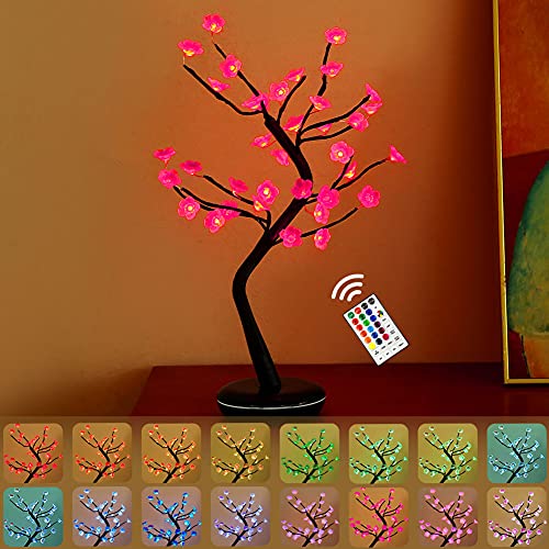 Cherry Blossom Tree Light with Remote 18 Inch 36 Led Tree Lamp Color-Changing Lighted Bonsai Tree Battery and USB Plug in Decorative Artificial Tree for Bedroom Living Room Home Ideal As Night Light.