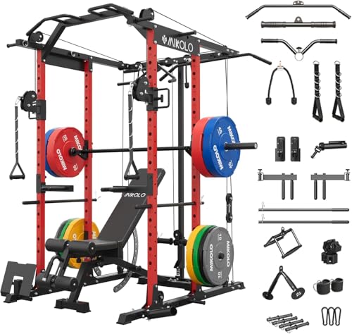 Mikolo K6 Power Cage, Power Rack with Cable Crossover System, Home Gym Packages with Weight Bench, Olympic Barbell, 370b Weight Set-Red