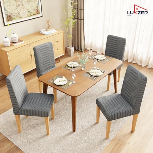 Image of Lukzer Elastic Dining Chair Cover - 2PC Pastel Dark Grey Dotted Stripe | Textured High Stretch Jacquard Seat Cover | Removable Washable Short Dining Chair Cover Protector Seat Slipcover | (CC-133-02)