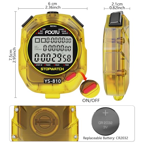 Image of Sports Stopwatch Timer, 10 Lap /Split Memory Digital Stopwatch Countdown Timer with 12 /24 Hour Clock Alarm On /Off, Calendar 3-Row Extra Large Screen Lanyard for P.E Coach and Referees (Yellow)