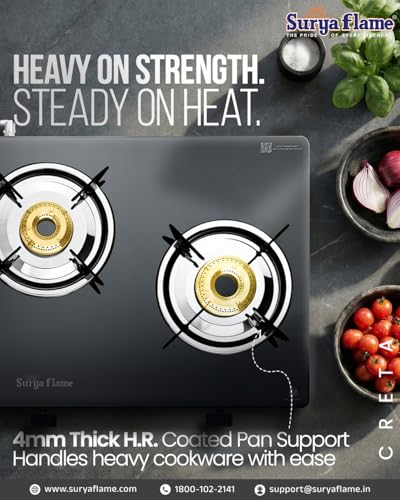 Image of Surya Flame Creta Series LPG 4 Burner Gas Stove | Brass Burners with Jumbo Option | Toughened Glass Top, Removable Drip Tray, Manual Ignition, 69%+ Efficiency, ISI Certified, 2-Year Warranty