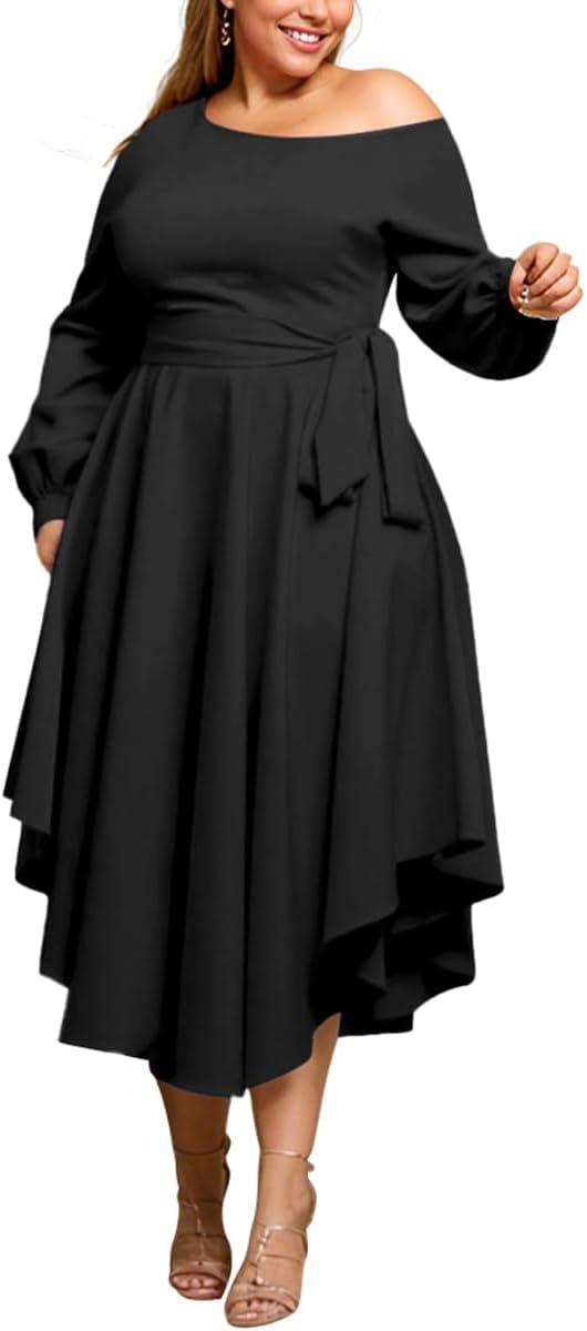 Plus Size Formal Dresses for Women Off Shoulder Long Sleeve Boat Neck Irregularly Flowy Midi Church Dress