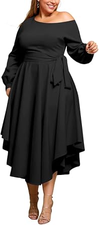 Plus Size Formal Dresses for Women Off Shoulder Long Sleeve Boat Neck Irregularly Flowy Midi Church Dress