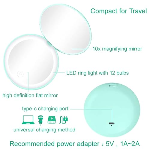 Miniatura 12 de Espejo compacto con luz LED, espejo recargable con aumento 1x/10x, 3.5 pulgadas, espejo de viaje regulable para bolso, bolsillo, espejo