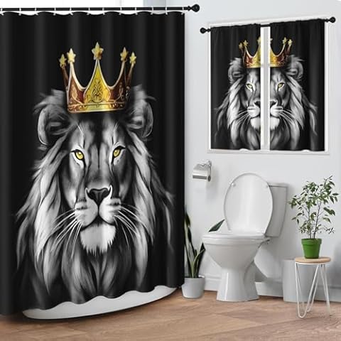 Culudea Gold Grey Lion Shower Curtain Set Cover