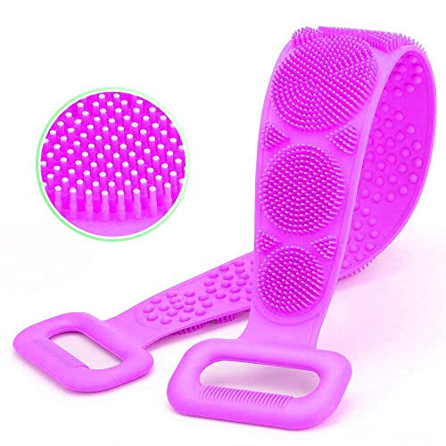 Ann Bully Silicone Bath Body Brush Back Scrubber Strap,Long Handle Exfoliating Strap Scrubbing Brush for Shower Deep Clean Double Massage Body Washer, (Purple)