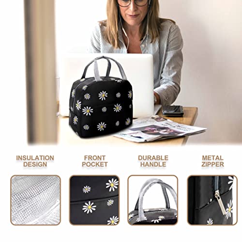 Sonuimy Insulated Lunch Bag Women, Reusable Cute Tote Lunch Box For Adult & Men, Leakproof Cooler Lunch Bags For Work Office Travel Picnic (Black With White Daisy) #TOP3