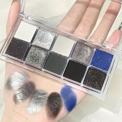 KARLOR Paleta de sombras de ojos ahumada, 10 colores, gris, plata, negro, azul, sombra de ojos brillante, mate, perlado, punk, maquillaje de ojos altamente pigmentado