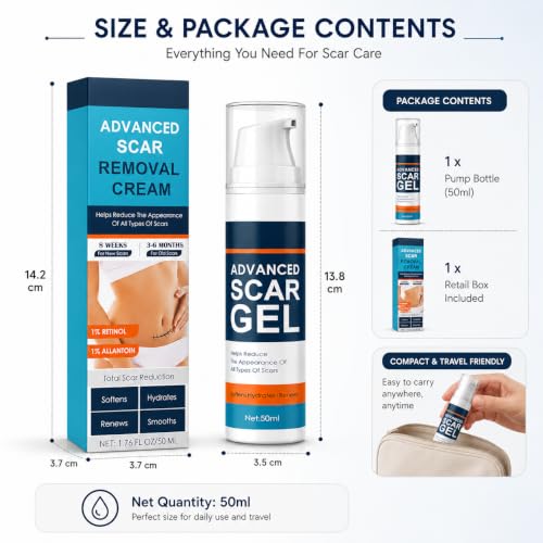 Image of Advanced Scar Gel Cream for Face & Body | Silicone-Based Scar Care Gel | Helps Improve the Appearance of Old & New Scars | Moisturizing Formula for Surgical, C-Section, Acne & Stretch Mark Care | 50ml