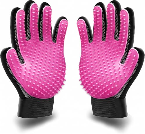 BYETOO Pet Dog Cat Grooming Glove Gentle Deshedding Brush Glove Efficient Pet Hair Remover Mitt Massage Tool with Enhanced Five Finger Design for Dogs Cats Rabbits Horses with Long/Short Fur 1 Pair