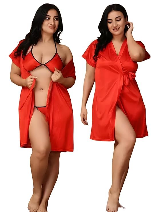 Satin Short Sleeves Solid Robe with Bra Panty Set for Women | Honeymoon Nighty | Romantic Nightwear | Nighties & Nightdresses Lingerie Sleepwear | Honeymoon Special Dress-image-44
