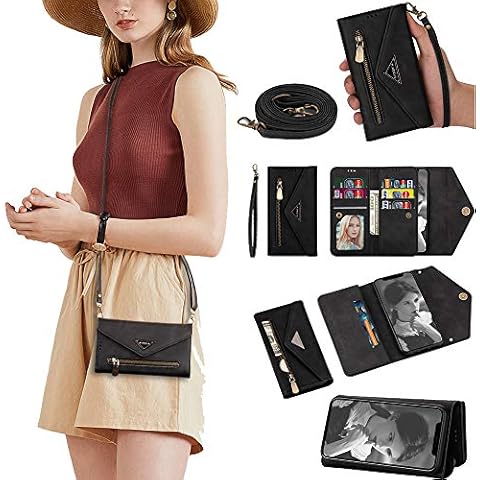 SEEYA Lanyard Case for iPhone 7 Plus/iPhone 8 Plus, Premium PU Leather Flip Folio Crossbody Wallet Phone Cover with Magnetic Closure Card Slot Phone Holster Full Body Zipper Handbag, Black Cover