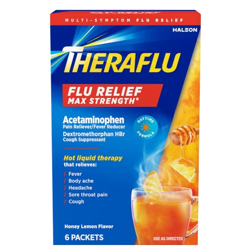 Theraflu Max Strength Daytime Flu Medicine for Flu Symptom Relief with Acetaminophen and Dextromethorphan HBr Honey Lemon Flavored - 6 Powder Packets
