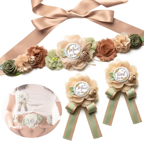 Image of Baby Shower Maternity Sash Belly Belt-Pink Flower Sash Set Mom to Be & Dad to Be Corsage Pins for Gender Reveal