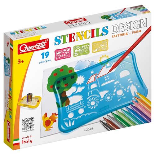 Quercetti Stencils Design Farm, Giochi Bambini 3 Anni Fino agli 8 Anni con 4 Sagome, 12 Pennarelli e Album da Colorare per Bambini, Giochi Creativi ed Educativi, Gioco Bambino 3 Anni, Made in Italy