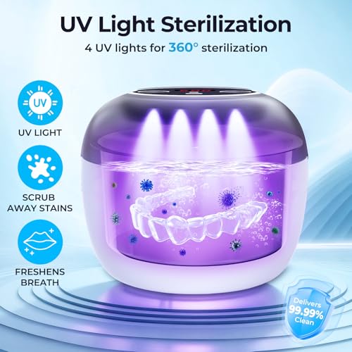 Image of Ultrasonic Retainer Cleaner Machine, Denture Cleaner for Mouth Guard, Night Guard, Aligner, Dentures, Jewelry, Toothbrush Heads, 45kHz 250ML UV Ultrasonic Denture Ultra Sonic Cleaning for Retainers