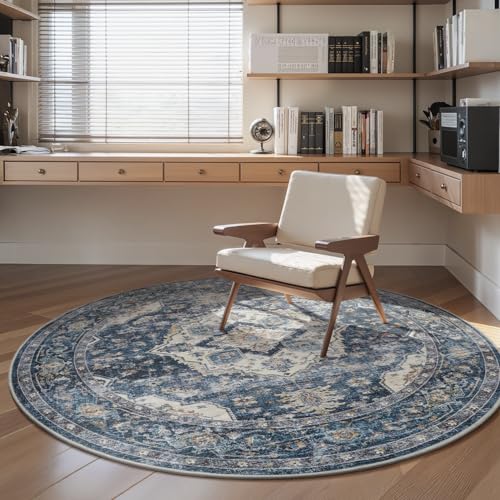 AMOAMI-6FT Round Rug-Rugs for Living Room-Vintage Soft Blue Rugs for Bedroom-Non Slip Circle Rug-Machine Washable Rug for Dining Room Living Room Bedroom Office Under Table