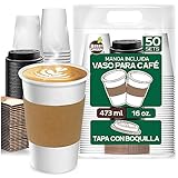 Berry Green 50 Vasos para Cafe de 16 oz (473 ml) Resistentes con Tapa y Manga Protectora, Perfecta Para Cafe, Te y Todo...