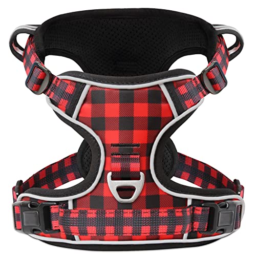 Timos No Pull Dog Harness,3 Snap Buckles Reflective No Choke Harness with Front Back 2 Metal Clips Soft Padded Harnesses for Small Medium Large (Black Red Checked, Small (Pack of 1))