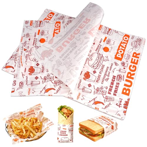 100 Hojas Papel Antigrasa para Alimentos, 38x28 cm Papel Encerado Impermeable y Antiadherente, Papel para Envolver Alimentos para Queso, Sándwiches, Pan, Patatas Fritas, Hamburguesas