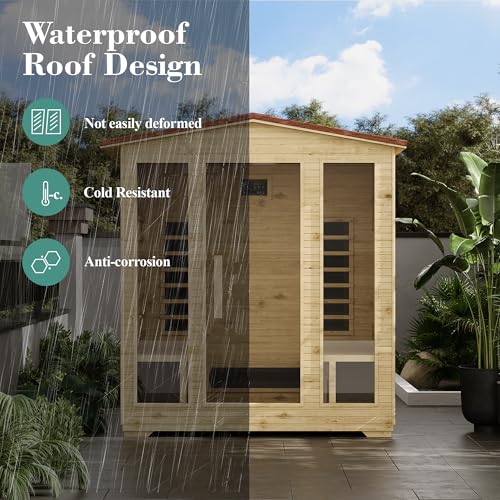 BNEHS 4 Person Outdoor Infrared Sauna - 3D Fast Heating Home Spa Sauna w/Chromotherapy Light, Wooden Sauna Room Kit w/Bluetooth Speaker (CE Certified,220V)