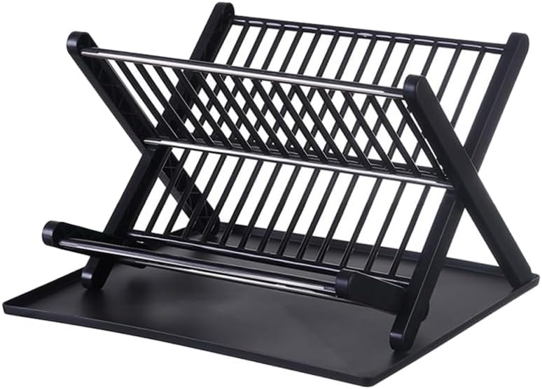Kitchen Folding Dish Rack with Drip Tray, Large Capacity Foldable Tableware Drying Holder, Space-Saving Dish Storage Rack for Kitchen Counter in Black