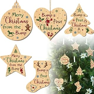 5 Pieces Bumps First Christmas Wooden Hanging Plaques Christmas Tree Decorations Handmade Hanging Wooden Baubles Ornaments for Newborn Family Baby Shower Mum to Be Gift
