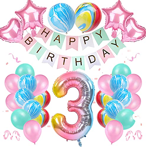 3 años decoración de cumpleaños, color degradado, juego de globos con número 3, diseño de feliz cumpleaños, banderines, globos de látex de ágata en lámina para niña Cover