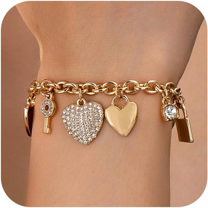 Gold Heart Charms Bracelet Dainty Gold Bracelet For Women Link Chain Bracelets With Heart key locks Love Bracelet Jewelry 14K Gold Plating Bracelet Gift