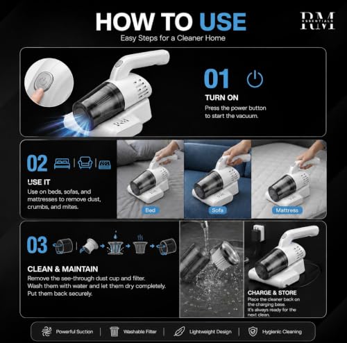 Image of Bed & Sofa Cordless Vacuum Cleaner with UV-Light Sterilization | Dust Remover | Suitable for Pillows, Bed, Mattresses, Carpet | HEPA Filter for Dust Mites, Pet Hair| Dust Controller