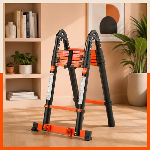Image of Bathla 16.5 Ft A-Type Foldable Steel Telescopic Ladder with Support Wheels | Portable, Compact & Multipurpose Ladder for Home, Industrial and Outdoor Use