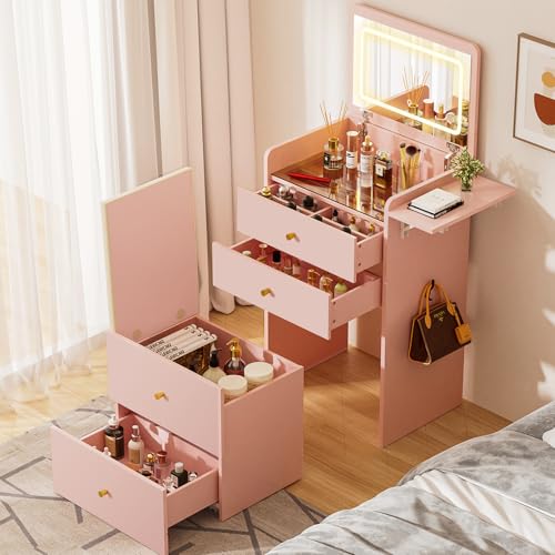 Image of COMHOMA Makeup Vanity Desk with Mirror and Lights, Small 3 in 1 Vanity Table with Visible Glass Top, Flip Top & 3 Drawers, Compact Dressing with Storage Stool for Room or Office