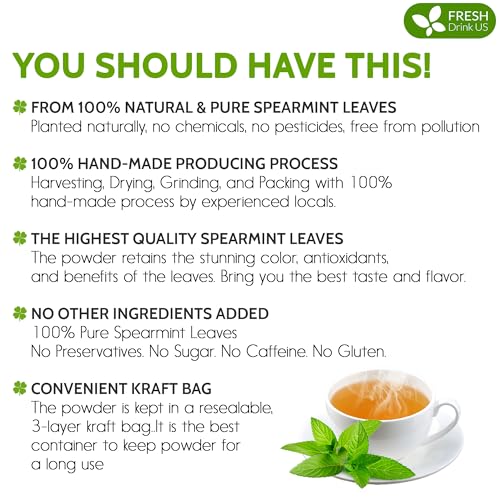 Image of FreshDrinkUS, Premium Spearmint Leaf Powder 8oz - Pure Natural Mint Powder for Tea, Smoothies, Cooking, and Baking - Resealable Pouch