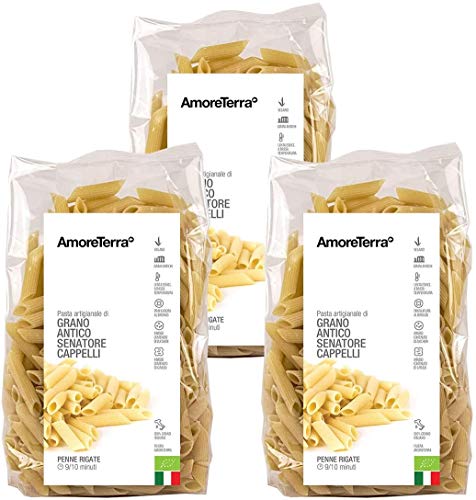 Amoreterra, (3 Pz.) Pasta Senatore Cappelli Penne Bio 500g, Grani antichi, artigianale biologica, trafila al bronzo