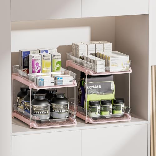 Delamu 2 Sets of 2-Tier Multi-Purpose Bathroom Under Sink Organizers and Storage, Stackable Kitchen Pantry Organization, Pull Out Medicine Cabinet Organizer with 8 Movable Dividers, Pink