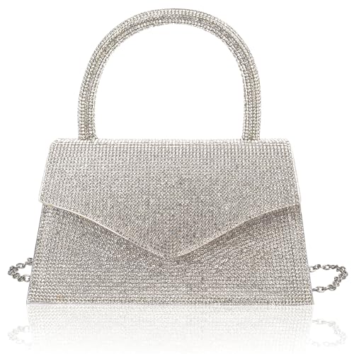 QZUnique Rhinestone Purse Clutch for Women - Sparkly Glitter Evening Handbags, Silver Bags for Dressy Party Wedding Engagement Prom