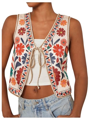 MakeMeChic Women's Floral V Neck Tank Top Sleeveless Tie Front Boho Vest