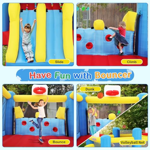 Image of AKEYDIY Inflatable Bounce House, Outdoor Indoor Bouncy House with Blower for Kids, Sports Ball Game Theme Park Bouncer w /Double Slide, Large Bounce Area, 2 Basketball Hoops, Removable Volleyball Net