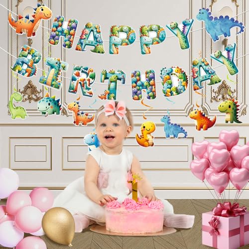 Image of Cute Cartoon Dinosaur Happy Birthday Banner for Kids - Dinosaur Birthday Party Decorations,Dino Happy Birthday Banner Party Supplies - Boys and Girls