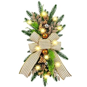 21.6 inch prelit Christmas Teardrop Swag with Lights, Battery Operated Christmas Swags Wreaths and Garlands for Decorating Front Door Outdoor Staircase Home Decor (Green)