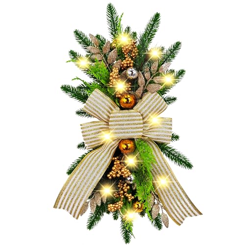 21.6 inch prelit Christmas Teardrop Swag with Lights, Battery Operated Christmas Swags Wreaths and Garlands for Decorating Front Door Outdoor Staircase Home Decor (Green)