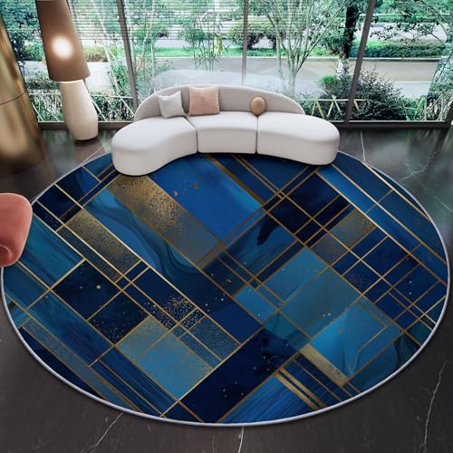 Alfombras Redondas 90 cm - Moderno Abstracto Geométrico Luz Y Sombra Alfombras para Sala De Estar, Azul Oscuro Alfombra Circular Antideslizante y Lavable para Interiores Habitación Infantil Dormitorio