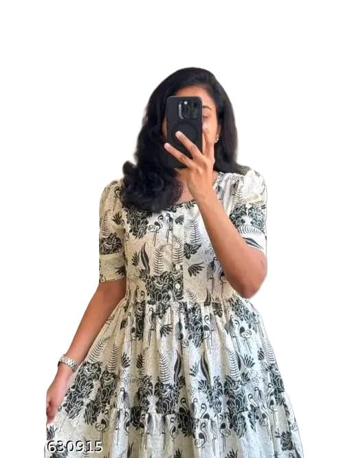 Women's Rayon A-Line Midi Dress, Red and White Floral Print, Short Sleeves, Tiered Design, Round Neck, Summer Wear